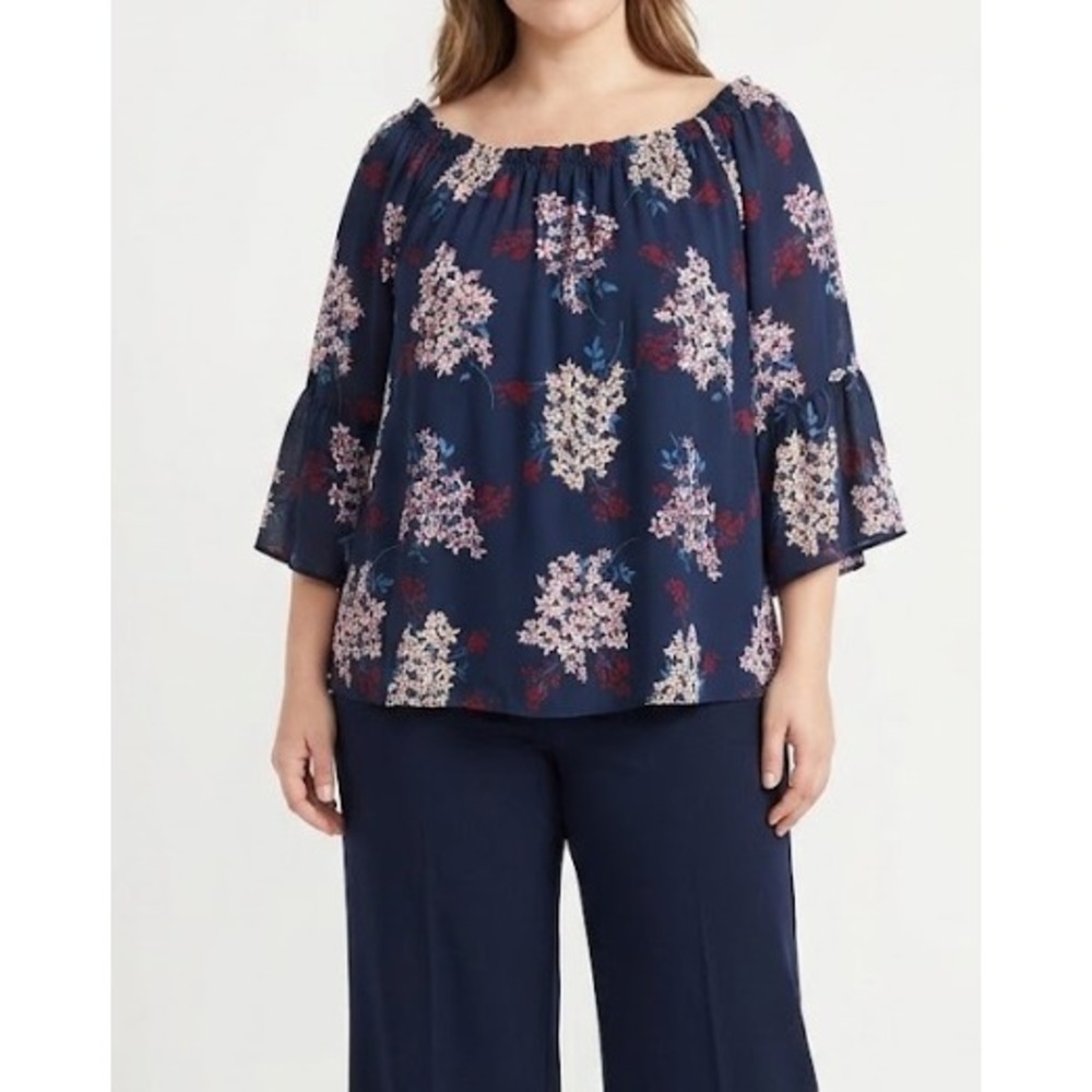 Violet + Claire Blouse 2X Navy Blue Floral Off Shoulder Bell Sleeve Boho Top